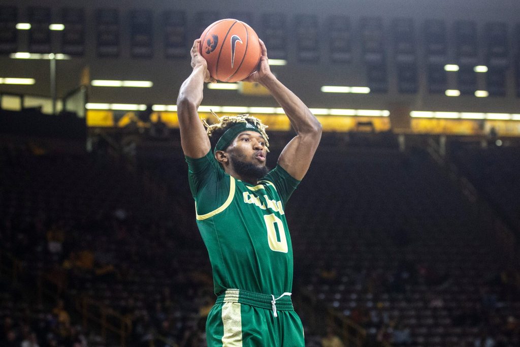 Cal Poly's Keith Smith (0) grabs a rebound during a NCAA non-conference men's basketball game, Sunday, Nov. 24, 2019, at Carver-Hawkeye Arena in Iowa City, Iowa.
191123 Cal Poly Iowa Mbb 031 Jpg
