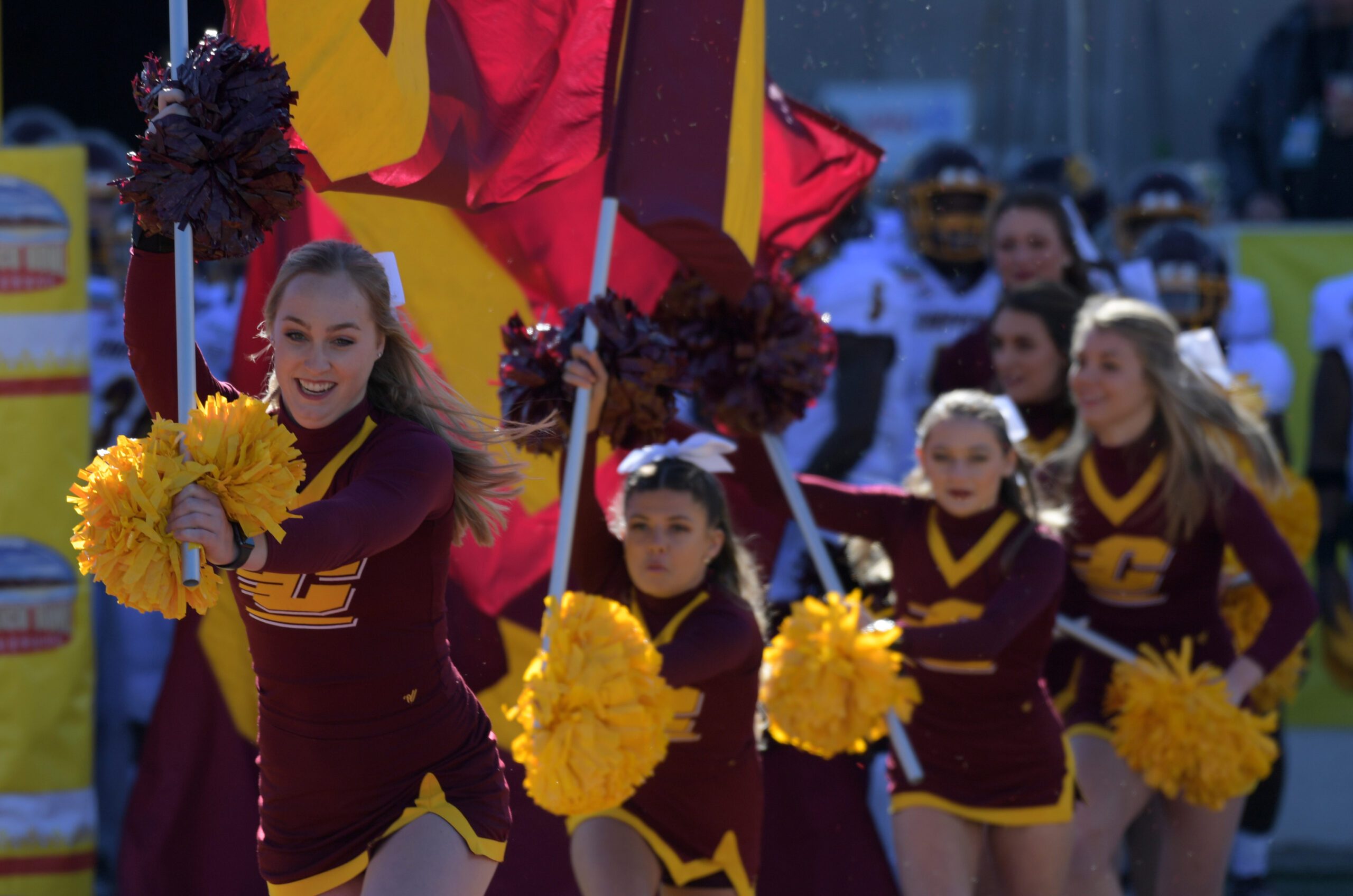 Dec 21, 2019; Albuquerque, New Mexico, USA; Central Michigan Chippewas cheerleaders perform in the first half against the San Diego State Aztecs during the New Mexico Bowl at Dreamstyle Stadium. Mandatory Credit: Kirby Lee-Imagn Images