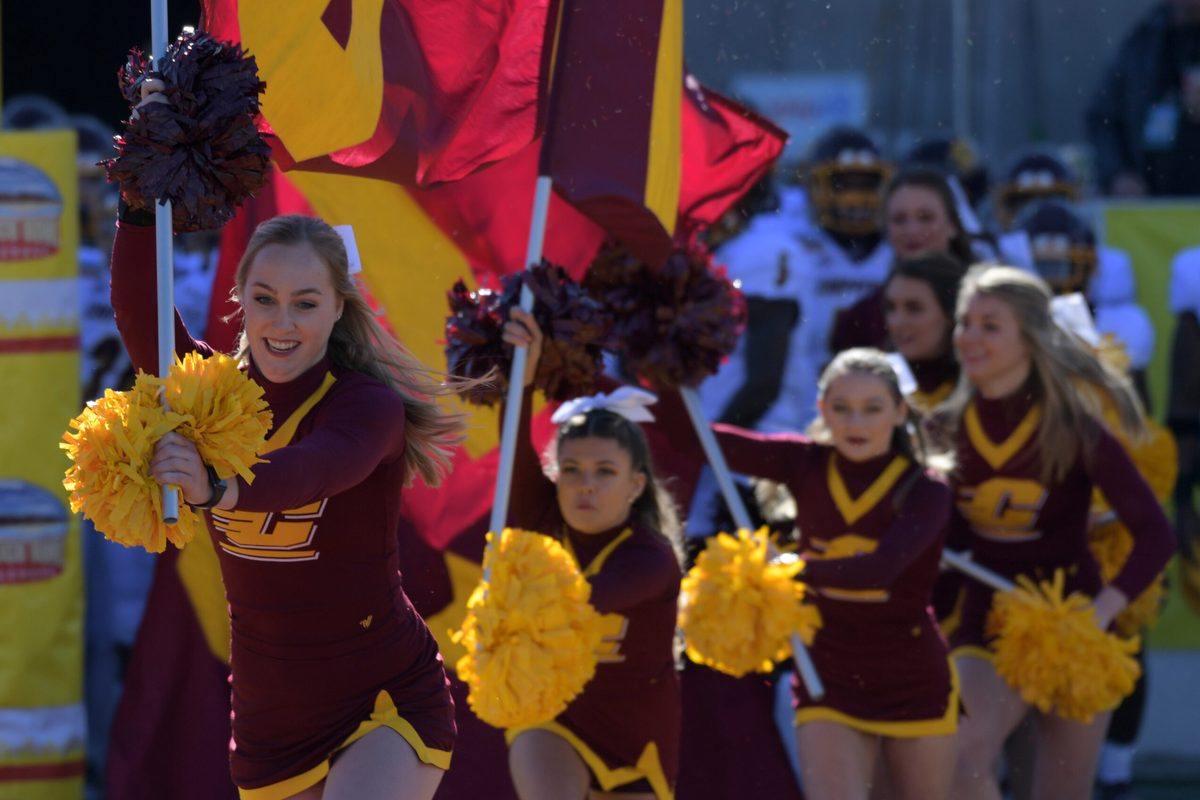 Dec 21, 2019; Albuquerque, New Mexico, USA; Central Michigan Chippewas cheerleaders perform in the first half against the San Diego State Aztecs during the New Mexico Bowl at Dreamstyle Stadium. Mandatory Credit: Kirby Lee-Imagn Images