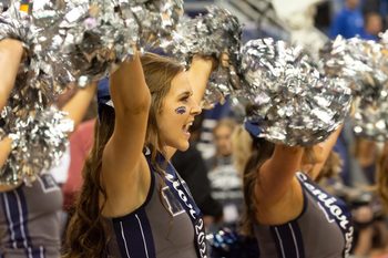 Feb 29, 2020; Reno, Nevada, USA; A Nevada Wolf Pack cheerleader on the sidelines during a game against the San Diego State Aztecs at Lawlor Events Center in Reno, Nev. Mandatory Credit: David Calvert-Imagn Images