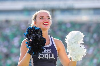 Oct 9, 2021; Huntington, West Virginia, USA; A Old Dominion Monarchs cheerleader performs during the third quarter against the Marshall Thundering Herd at Joan C. Edwards Stadium. Mandatory Credit: Ben Queen-Imagn Images