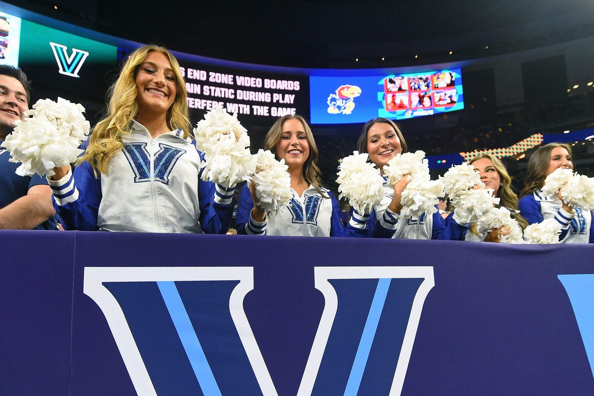 Apr 2, 2022; New Orleans, LA, USA; The Villanova Wildcats cheerleaders before the game against the Kansas Jayhawks during the 2022 NCAA men's basketball tournament Final Four semifinals at Caesars Superdome. Mandatory Credit: Bob Donnan-Imagn Images