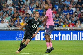 Jul 20, 2022; Minneapolis, MN, USA; Minnesota United defender Brent Kallman (14) and Everton forward Jose Salomon Rondon (33) look on in the second half at Allianz Field. Mandatory Credit: Matt Blewett-Imagn Images
