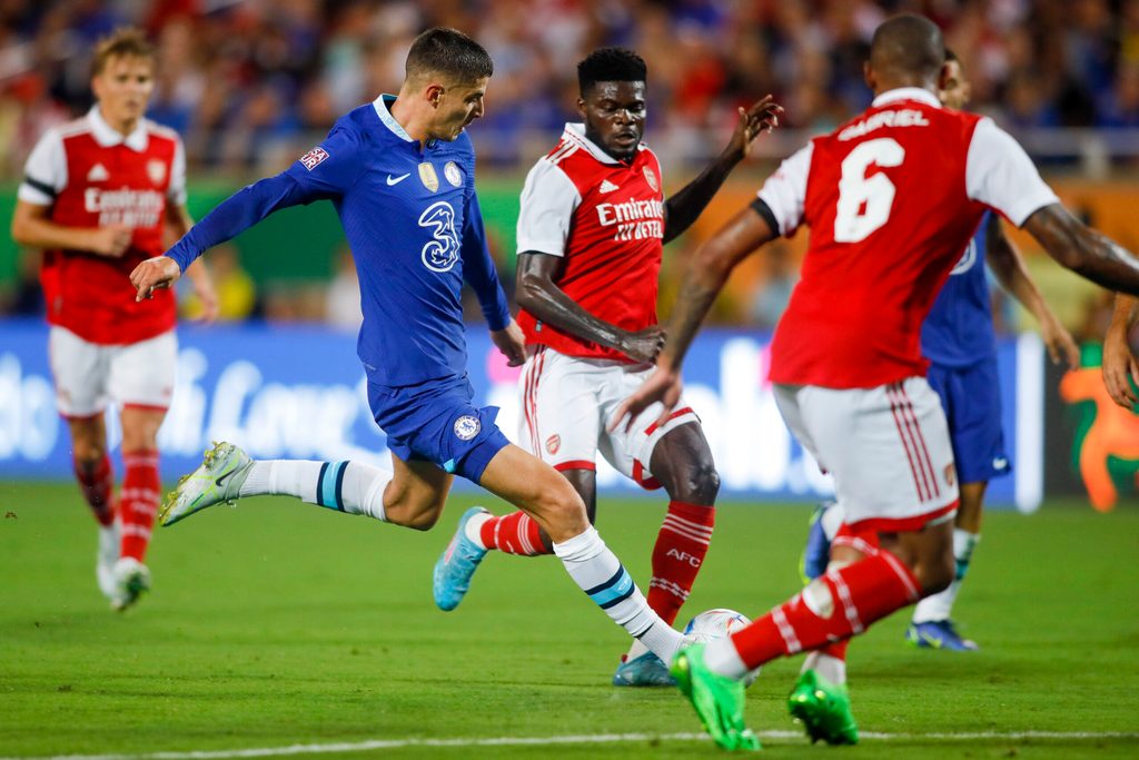 Jul 23, 2022; Orlando, FL, USA; Chelsea midfielder Kai Havertz (29) shoots the ball against Arsenal during the second half at Camping World Stadium. Mandatory Credit: Sam Navarro-Imagn Images