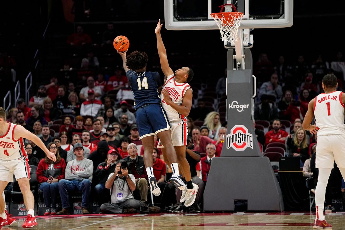 Nov 10, 2022; Columbus, OH, USA;  Ohio State Buckeyes guard Zed Key (23) defends Charleston Southern Buccaneers forward Taje' Kelly (14) during the first half of the NCAA men's basketball game at Value City Arena. Mandatory Credit: Adam Cairns-The Columbus Dispatch

Charleston Southern At Ohio State Men S Basketball