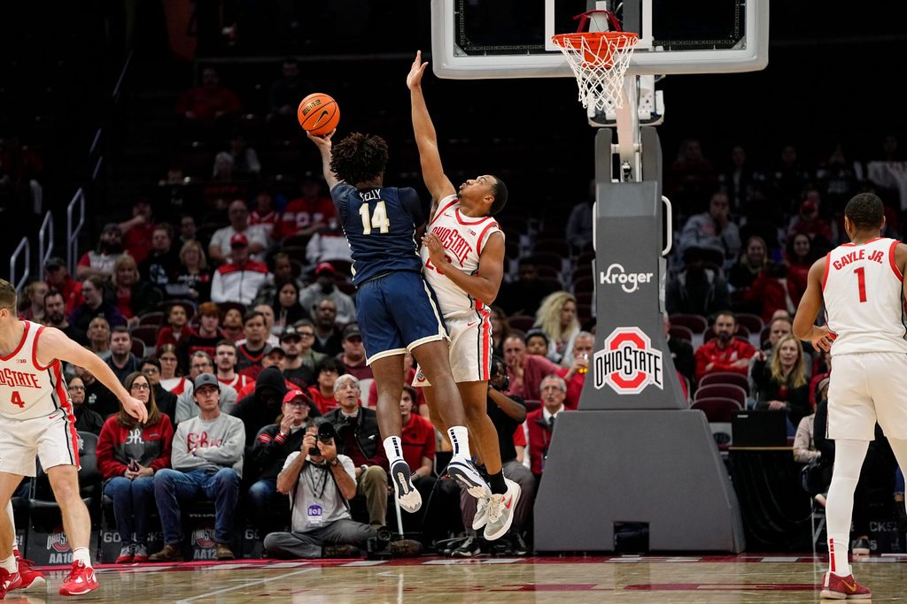 Nov 10, 2022; Columbus, OH, USA; Ohio State Buckeyes guard Zed Key (23) defends Charleston Southern Buccaneers forward Taje' Kelly (14) during the first half of the NCAA men's basketball game at Value City Arena. Mandatory Credit: Adam Cairns-The Columbus Dispatch
Charleston Southern At Ohio State Men S Basketball