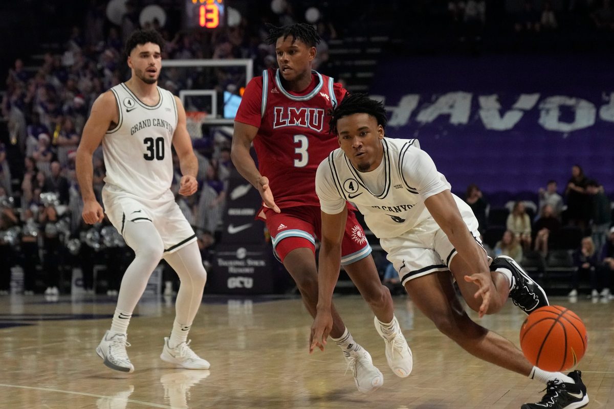 Dec 7, 2022; phoenix, Ariz., U.S.; Grand Canyon Antelopes guard Kobe Knox (3) loses the ball during a men s basketball game against the Loyola Marymount Lions at Grand Canyon University Arena. Mandatory Credit: Cheryl Evans-Arizona Republic
Ncaa Basketball Gcu Basketball Loyola Marymount At Grand Canyon