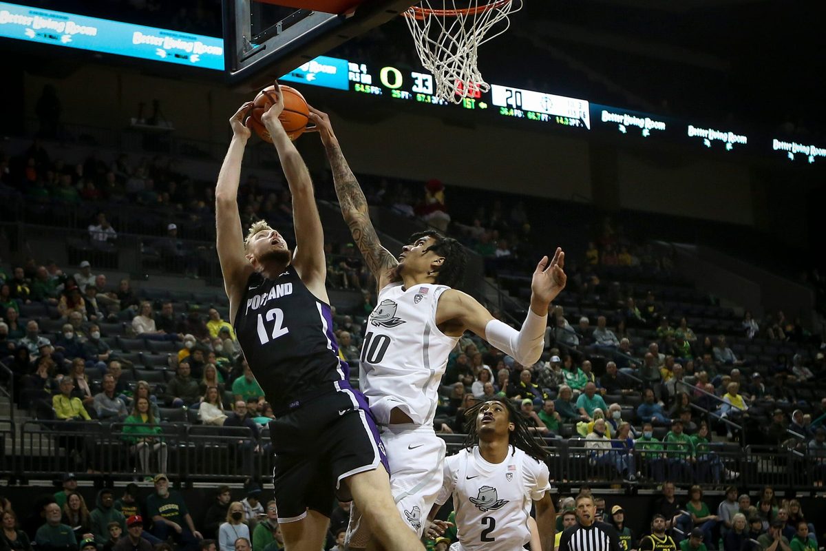 Oregon center Kel'el Ware blocks a shot by Portland forward Kristian Sjolund as the Oregon Ducks host the Portland Pilots Saturday, Dec. 17, 2022, at Matthew Knight Arena in Eugene, Ore.
Ncaa Basketball Oregon Ducks Vs Portland Pilots Men S Basketball Portland Pilots At Oregon Ducks