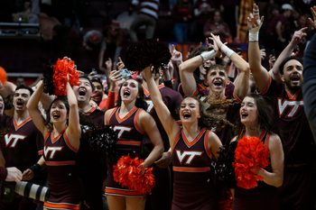 Feb 4, 2023; Blacksburg, Virginia, USA;  The Virginia Tech Hokies cheerleaders gather on the court after the win against the Virginia Cavaliers at Cassell Coliseum. Mandatory Credit: Lee Luther Jr.-Imagn Images