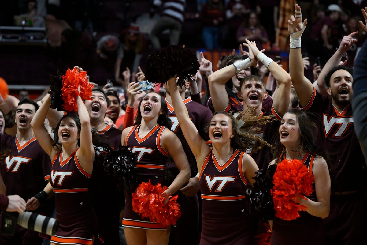 Feb 4, 2023; Blacksburg, Virginia, USA; The Virginia Tech Hokies cheerleaders gather on the court after the win against the Virginia Cavaliers at Cassell Coliseum. Mandatory Credit: Lee Luther Jr.-Imagn Images