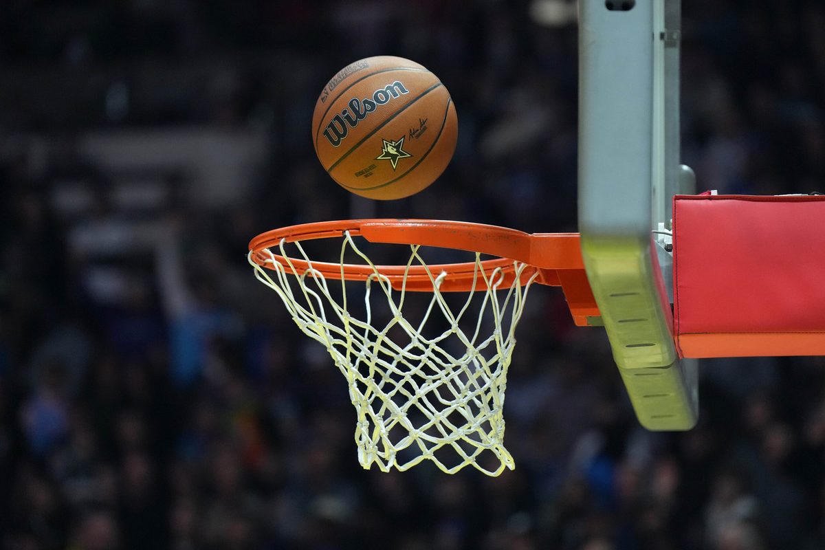 Feb 18, 2023; Salt Lake City, UT, USA; A Wilson official NBA All-Star Game logo basketball swishes throught the net at Huntsman Center. Mandatory Credit: Kirby Lee-Imagn Images
