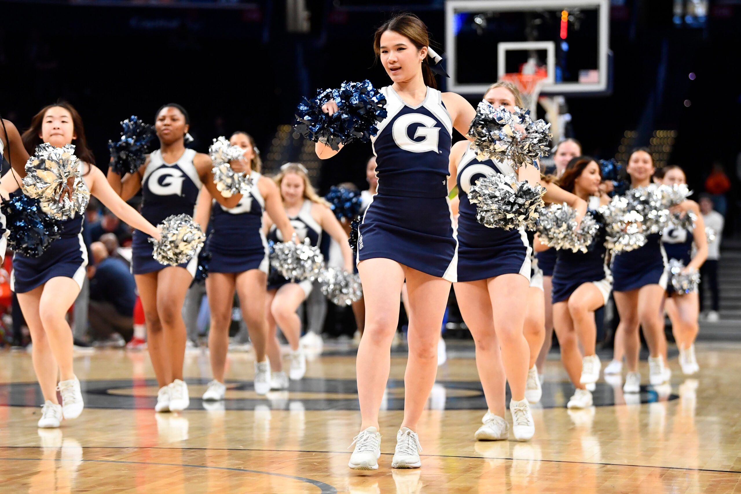 Feb 22, 2023; Washington, District of Columbia, USA; Georgetown Hoyas cheerleaders perform during the second half at Capital One Arena. Mandatory Credit: Brad Mills-Imagn Images
