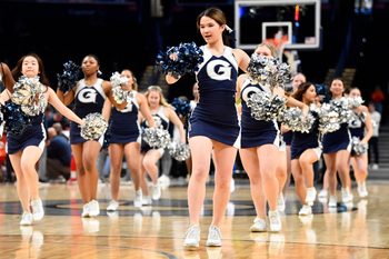 Feb 22, 2023; Washington, District of Columbia, USA; Georgetown Hoyas cheerleaders perform during the second half at Capital One Arena. Mandatory Credit: Brad Mills-Imagn Images