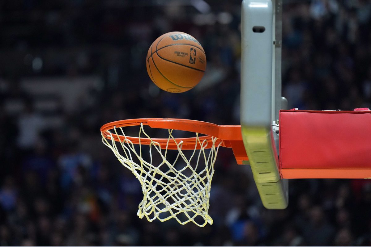 Feb 18, 2023; Salt Lake City, UT, USA; A Wilson official NBA logo basketball swishes through the net at Huntsman Center. Mandatory Credit: Kirby Lee-Imagn Images