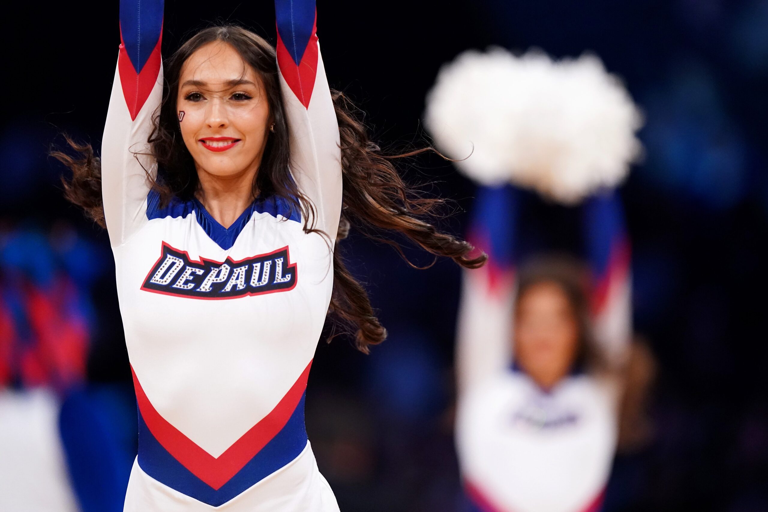 A DePaul Blue Demons cheerleader performs in the first half of an NCAA college basketball game against the Xavier Musketeers during the second round of the Big East conference tournament, Thursday, March 9, 2023, at Madison Square Garden in New York.

Xaiver Depaul Big East Basketball Tournament March 9 0119