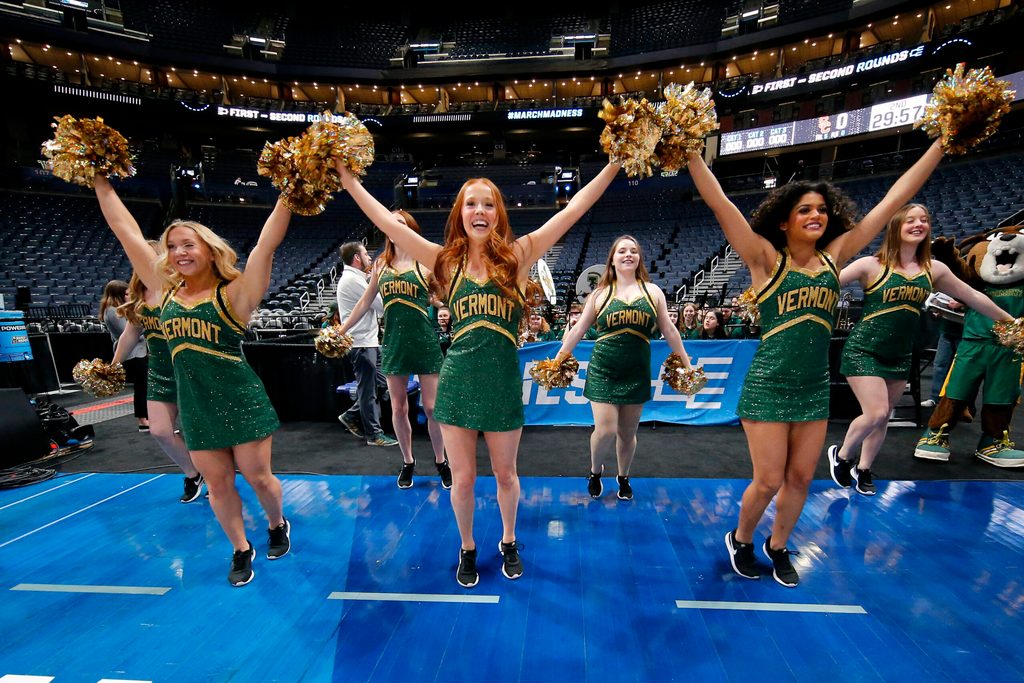 Mar 16, 2023; Columbus, OH, USA; Vermont Catamounts cheerleaders during NCAA Tournament First Round Columbus Practice at Nationwide Arena. Mandatory Credit: Joseph Maiorana-Imagn Images
