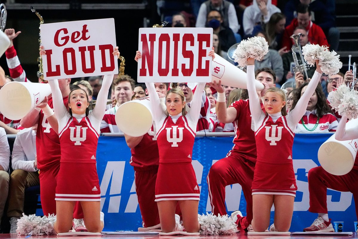 Mar 17, 2023; Albany, NY, USA; Indiana Hoosiers cheerleaders in the first half against the Kent State Golden Flashes at MVP Arena. Mandatory Credit: Gregory Fisher-Imagn Images