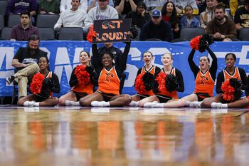 Mar 18, 2023; Sacramento, CA, USA; Princeton Tigers cheerleaders cheer during the second half against the Missouri Tigers at Golden 1 Center. Mandatory Credit: Kelley L Cox-Imagn Images