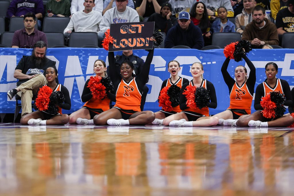 Mar 18, 2023; Sacramento, CA, USA; Princeton Tigers cheerleaders cheer during the second half against the Missouri Tigers at Golden 1 Center. Mandatory Credit: Kelley L Cox-Imagn Images