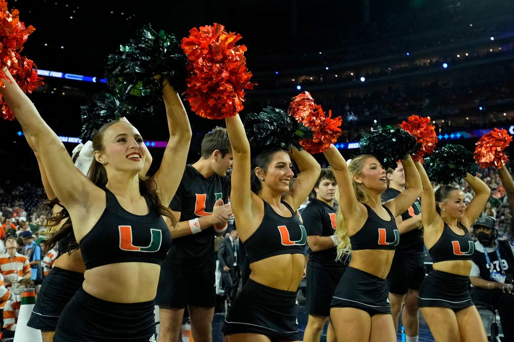 Apr 1, 2023; Houston, TX, USA; The Miami (Fl) Hurricanes cheerleaders perform before the game against the Connecticut Huskies in the semifinals of the Final Four of the 2023 NCAA Tournament at NRG Stadium. Mandatory Credit: Bob Donnan-Imagn Images