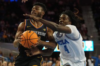 Nov 30, 2023; Los Angeles, California, USA; UC Riverside Highlanders guard Barrington Hargress (24) shoots the ball against UCLA Bruins guard Will McClendon (4) in the first half at Pauley Pavilion presented by Wescom. Mandatory Credit: Kirby Lee-Imagn Images