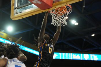 sNov 30, 2023; Los Angeles, California, USA; UC Riverside Highlanders guard Nate Pickens (11) dunks the ball against the UCLA Bruins in the first half at Pauley Pavilion presented by Wescom. Mandatory Credit: Kirby Lee-Imagn Images