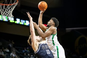 Oregon guard Kario Oquendo puts up a shot as the Oregon Ducks host California Baptist Tuesday, Dec. 12, 2023, at Matthew Knight Arena in Eugene, Ore.