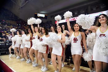 Jan 20, 2024; Chestnut Hill, Massachusetts, USA; The Boston College Eagles cheerleaders entertain fans before a game against the North Carolina Tar Heels at Conte Forum. Mandatory Credit: Eric Canha-Imagn Images