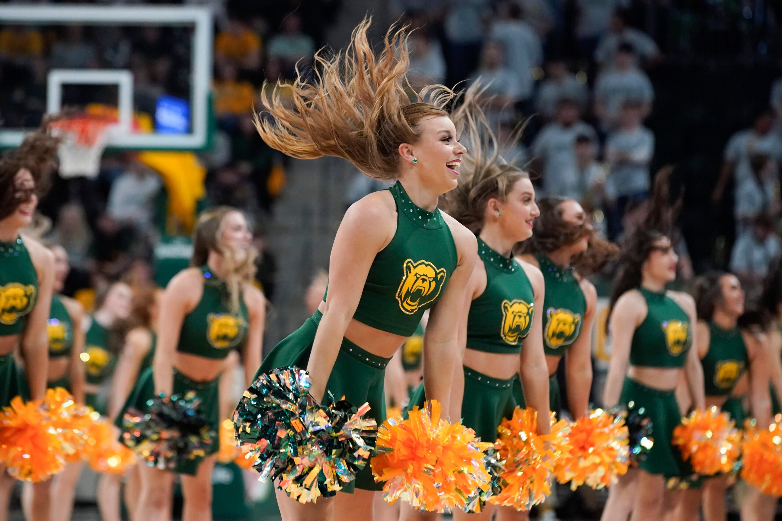 Jan 27, 2024; Waco, Texas, USA; The Baylor Bear cheerleaders perform during the first half at Paul and Alejandra Foster Pavilion. Mandatory Credit: Raymond Carlin III-Imagn Images