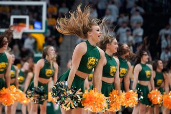 Jan 27, 2024; Waco, Texas, USA; The Baylor Bear cheerleaders perform during the first half at Paul and Alejandra Foster Pavilion. Mandatory Credit: Raymond Carlin III-Imagn Images