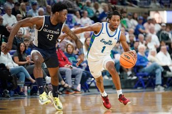 The Florida Gulf Coast Eagles compete against the Queens Royals in an ASUN conference game at Alico Arena in Fort Myers on Saturday, Feb. 24, 2024.