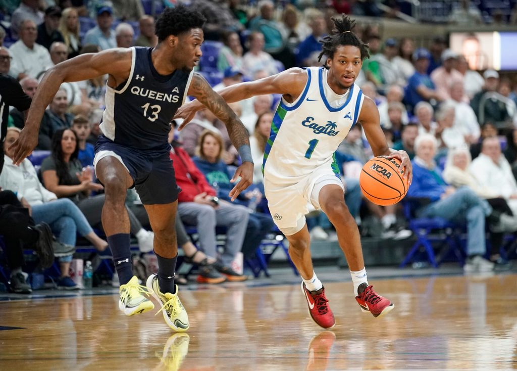 The Florida Gulf Coast Eagles compete against the Queens Royals in an ASUN conference game at Alico Arena in Fort Myers on Saturday, Feb. 24, 2024.