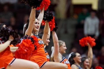 Mar 2, 2024; Blacksburg, Virginia, USA; Virginia Tech Hokies cheerleaders perform during a time out of the game between the Virginia Tech Hokies and the Wake Forest Demon Deacons at Cassell Coliseum. Mandatory Credit: Peter Casey-Imagn Images