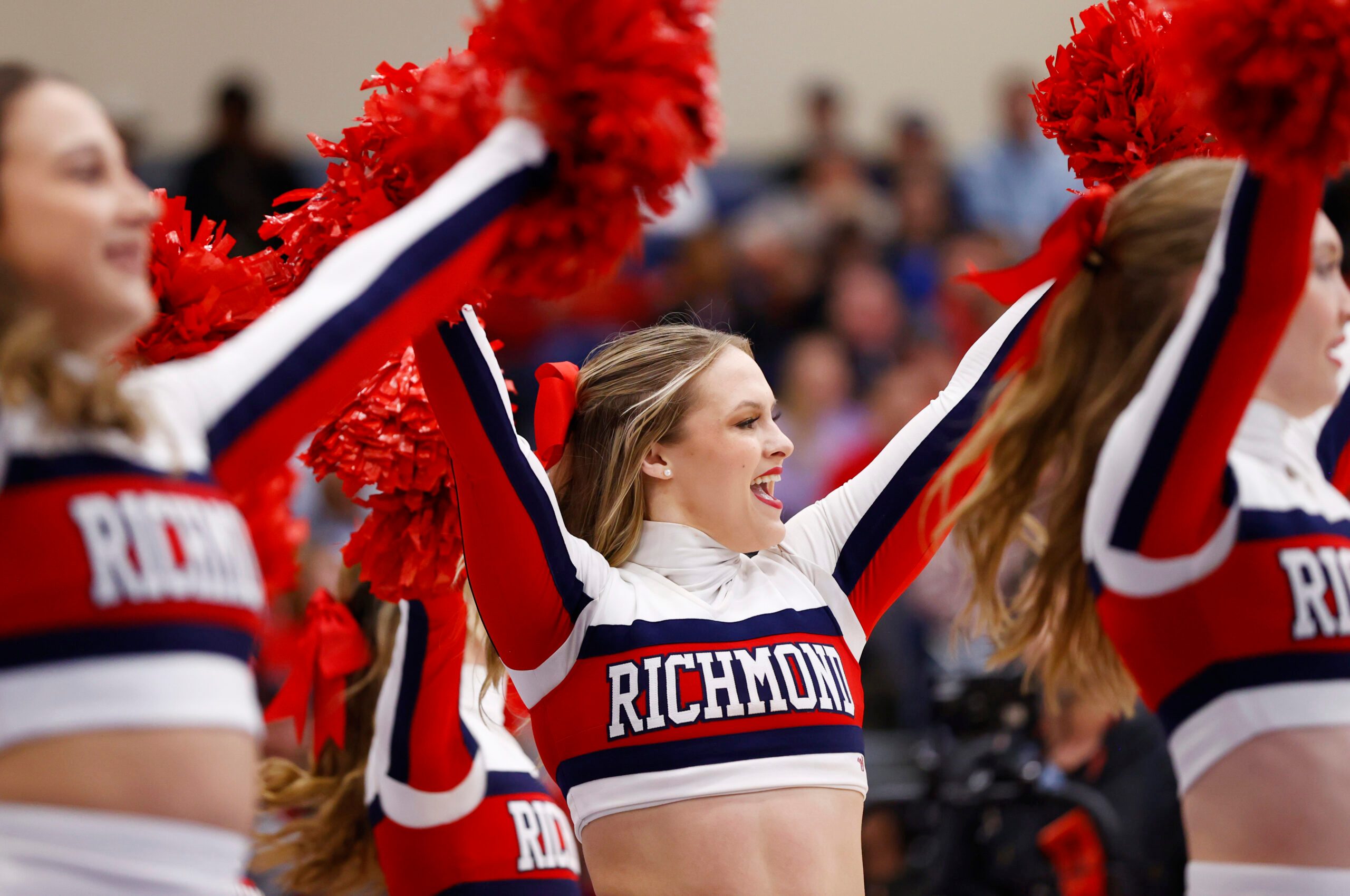 Mar 9, 2024; Henrico, VA, USA; Richmond Spiders cheerleaders perform on the court during a stoppage in play during the first half of the game against the Duquesne Dukes at Henrico Sports & Events Center. Mandatory Credit: Amber Searls-Imagn Images