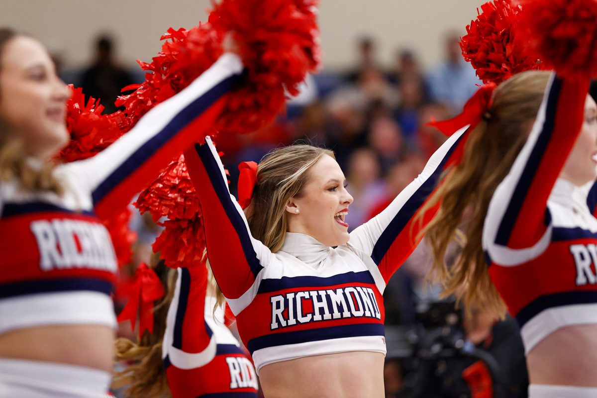 Mar 9, 2024; Henrico, VA, USA; Richmond Spiders cheerleaders perform on the court during a stoppage in play during the first half of the game against the Duquesne Dukes at Henrico Sports & Events Center. Mandatory Credit: Amber Searls-Imagn Images