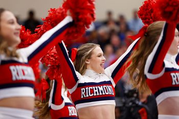 Mar 9, 2024; Henrico, VA, USA; Richmond Spiders cheerleaders perform on the court during a stoppage in play during the first half of the game against the Duquesne Dukes at Henrico Sports & Events Center. Mandatory Credit: Amber Searls-Imagn Images