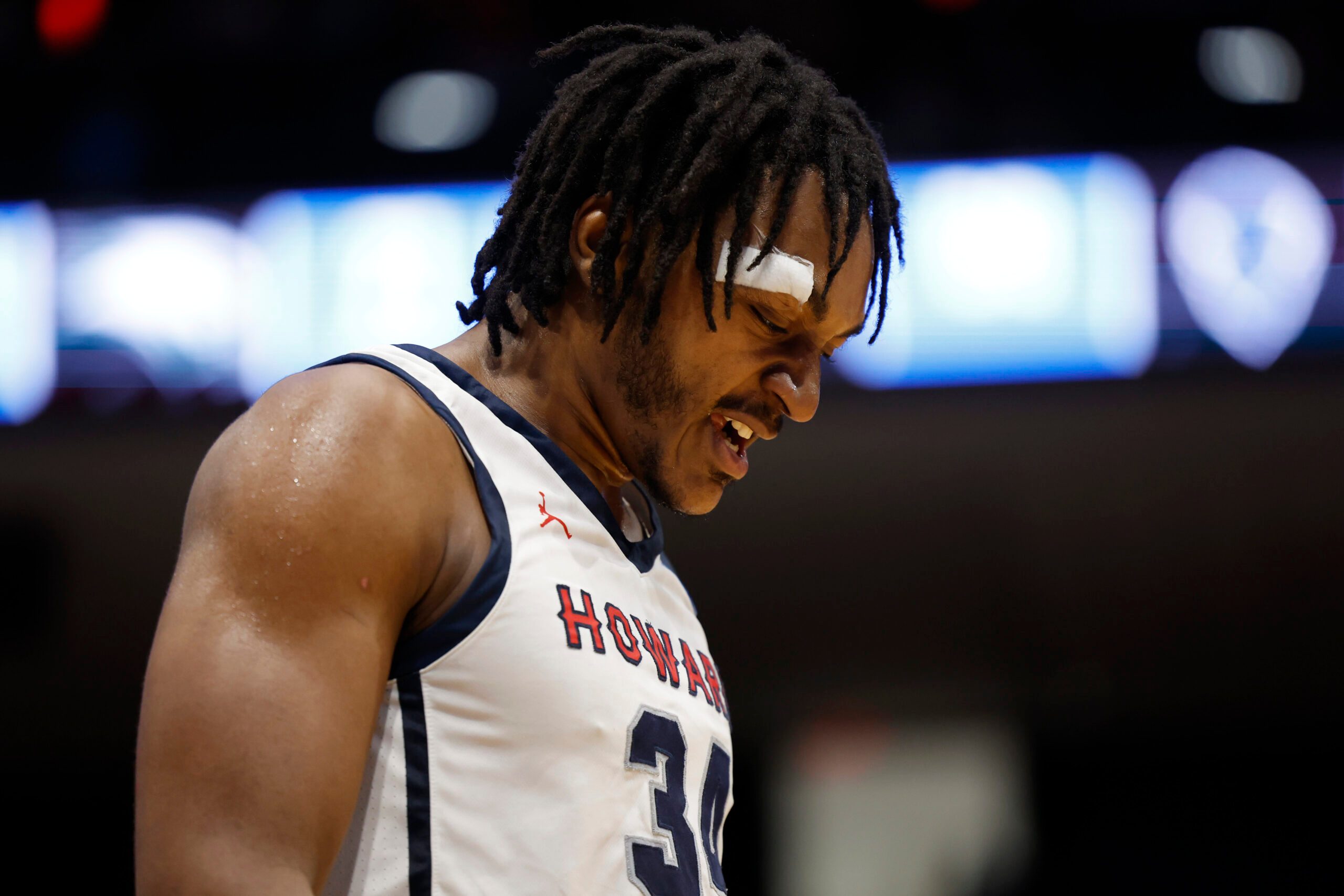 Mar 19, 2024; Dayton, OH, USA; Howard Bison guard Bryce Harris (34) reacts after being defeated by Wagner Seahawks at UD Arena. Mandatory Credit: Rick Osentoski-Imagn Images