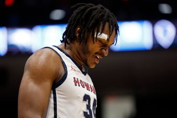Mar 19, 2024; Dayton, OH, USA; Howard Bison guard Bryce Harris (34) reacts after being defeated by Wagner Seahawks at UD Arena. Mandatory Credit: Rick Osentoski-Imagn Images