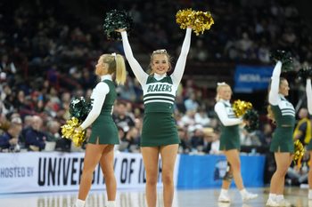 Mar 22, 2024; Spokane, WA, USA; UAB Blazers cheerleaders perform during the first half of a game against the San Diego State Aztecs in the first round of the 2024 NCAA Tournament at Spokane Veterans Memorial Arena. Mandatory Credit: Kirby Lee-Imagn Images