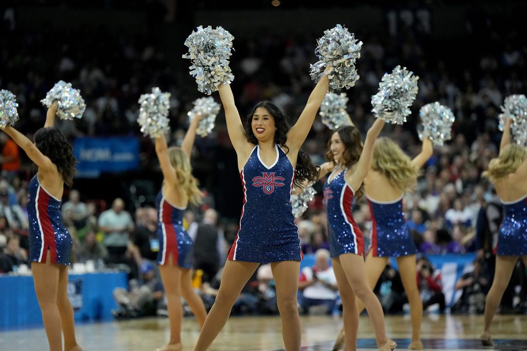 Mar 22, 2024; Spokane, WA, USA; St. Mary's Gaels cheerleaders during the first half in the first round of the 2024 NCAA Tournament against the Grand Canyon Antelopes at Spokane Veterans Memorial Arena. Mandatory Credit: Kirby Lee-Imagn Images
