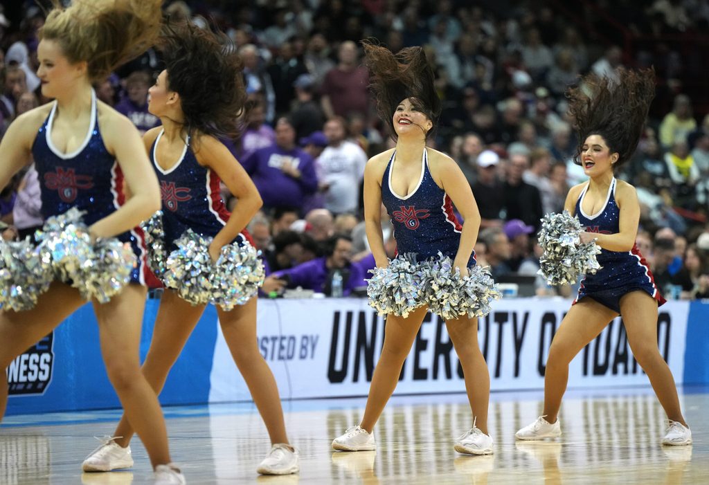Mar 22, 2024; Spokane, WA, USA; St. Mary's Gaels cheerleaders during the second half in the first round of the 2024 NCAA Tournament against the Grand Canyon Antelopes at Spokane Veterans Memorial Arena. Mandatory Credit: Kirby Lee-Imagn Images