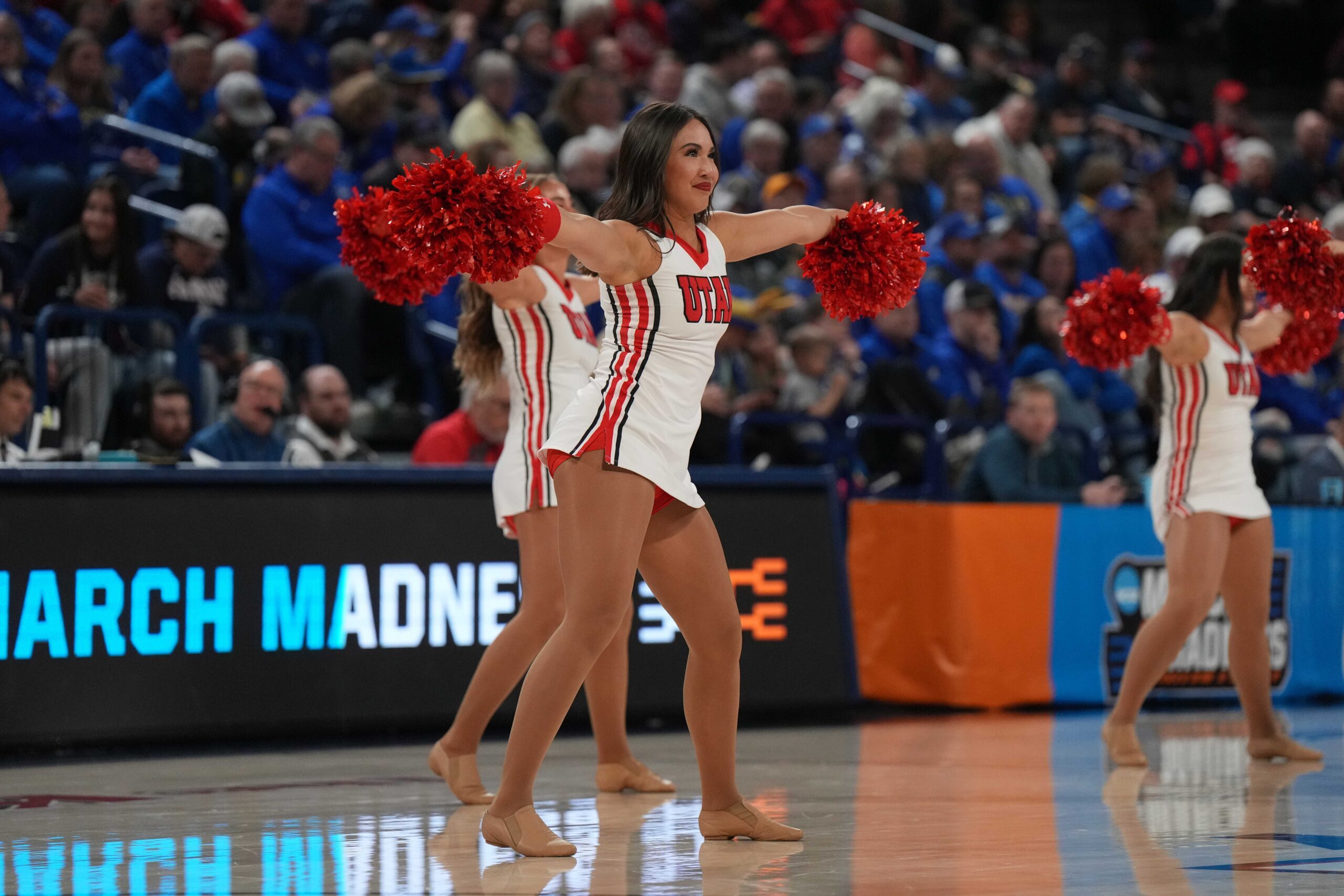Mar 23, 2024; Spokane, WA, USA; Utah Utes cheerleaders perform during the first half against the South Dakota State Jackrabbits at McCarthey Athletic Center. Mandatory Credit: Kirby Lee-Imagn Images