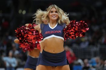 Mar 28, 2024; Los Angeles, CA, USA; The Arizona Wildcats cheerleaders perform in the second half against the Clemson Tigers in the semifinals of the West Regional of the 2024 NCAA Tournament at Crypto.com Arena. Mandatory Credit: Kirby Lee-Imagn Images