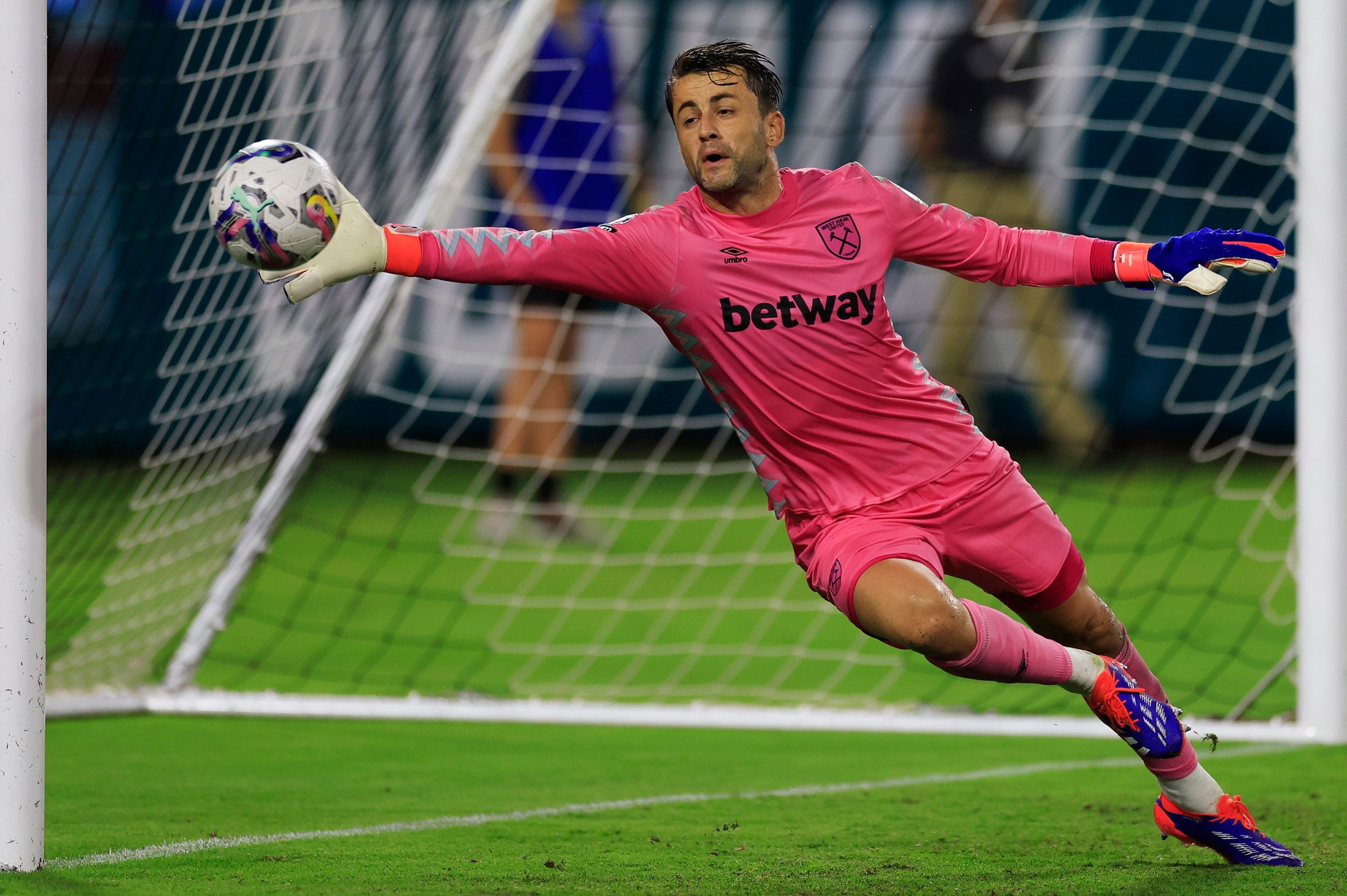A shot on goal sails wide against West Ham United goalkeeper Łukasz Fabiański (1) during the second half of The Stateside Cup soccer tournament game Saturday, July 27, 2024 at EverBank Stadium in Jacksonville, Fla. The Wolverhampton Wanderers defeated West Ham United 3-1 in exhibition play.