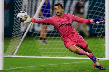 A shot on goal sails wide against West Ham United goalkeeper Łukasz Fabiański (1) during the second half of The Stateside Cup soccer tournament game Saturday, July 27, 2024 at EverBank Stadium in Jacksonville, Fla. The Wolverhampton Wanderers defeated West Ham United 3-1 in exhibition play.