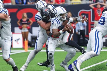 Oct 27, 2024; Houston, Texas, USA; Houston Texans defensive end Danielle Hunter (55) sacks Indianapolis Colts quarterback Anthony Richardson (5) during the fourth quarter at NRG Stadium. Mandatory Credit: Troy Taormina-Imagn Images