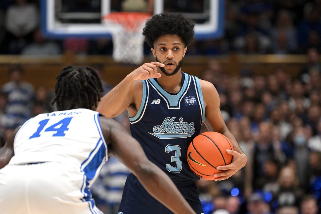 Nov 4, 2024; Durham, North Carolina, USA; Maine Black Bears guard Jaden Clayton (3) calls a play during the first half against the Duke Blue Devils at Cameron Indoor Stadium. Mandatory Credit: Zachary Taft-Imagn Images