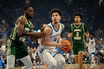 Kentucky's Koby Brea (4) drove to the basket during the Wildcats' season-opening game against Wright State at Rupp Arena in Lexington, Ky. The Wildcats defeated the Raiders 103-62. November 4, 2024.