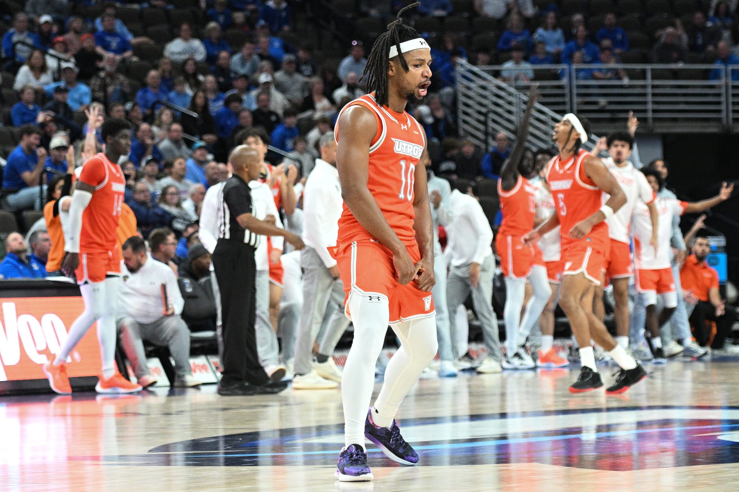 Nov 6, 2024; Omaha, Nebraska, USA;  UT Rio Grande Valley Vaqueros guard Cliff Davis (10) reacts after scoring against the Creighton Bluejays during the second half at CHI Health Center Omaha. Mandatory Credit: Steven Branscombe-Imagn Images