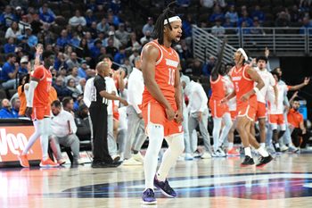Nov 6, 2024; Omaha, Nebraska, USA;  UT Rio Grande Valley Vaqueros guard Cliff Davis (10) reacts after scoring against the Creighton Bluejays during the second half at CHI Health Center Omaha. Mandatory Credit: Steven Branscombe-Imagn Images
